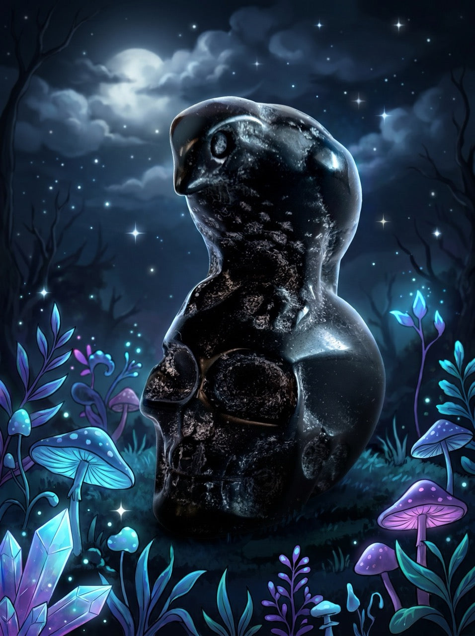 Obsidian Raven Skull Sculpture Collector's Piece
