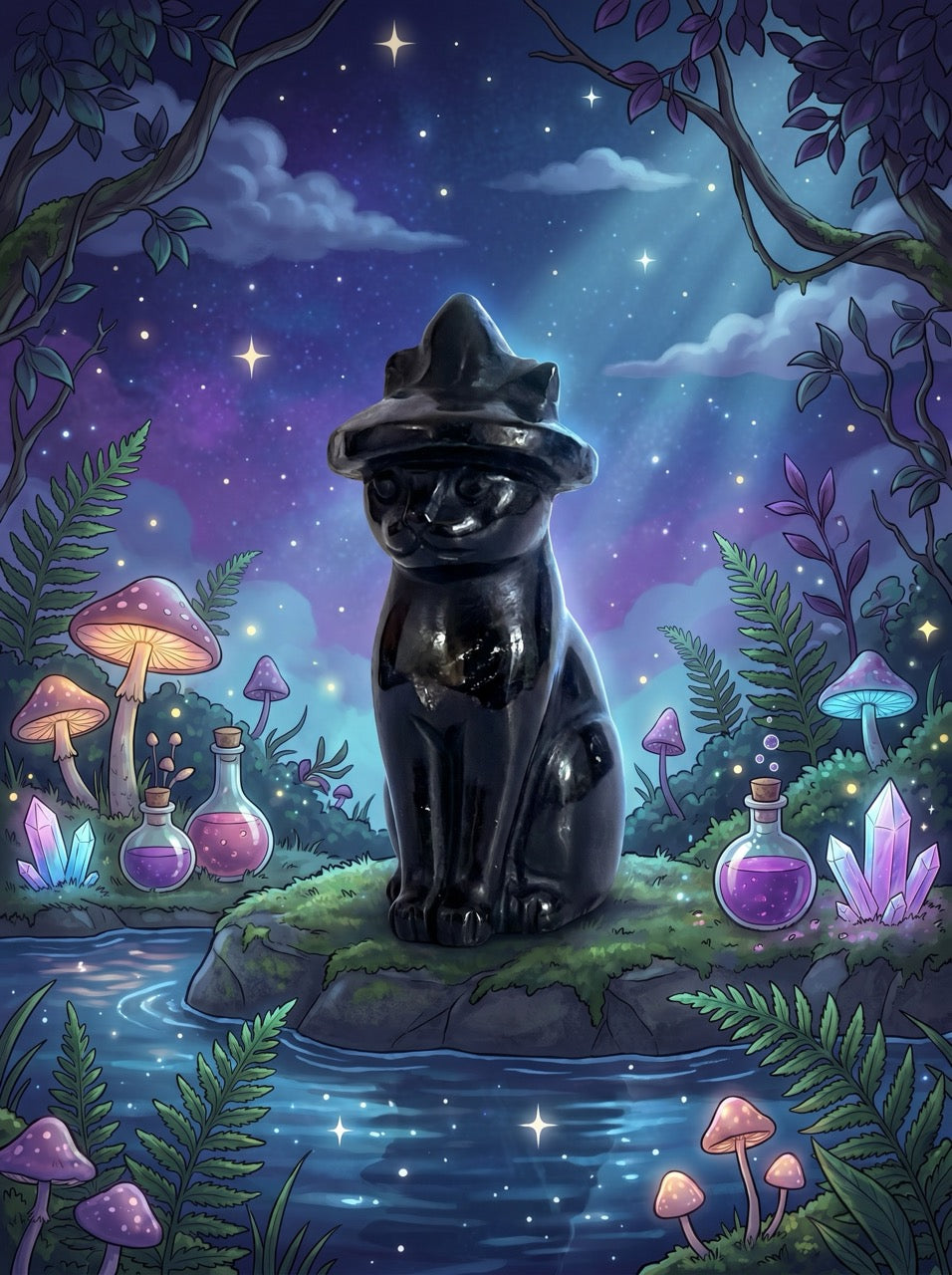 Obsidian Spellbound Cat Sculpture Collector's Piece