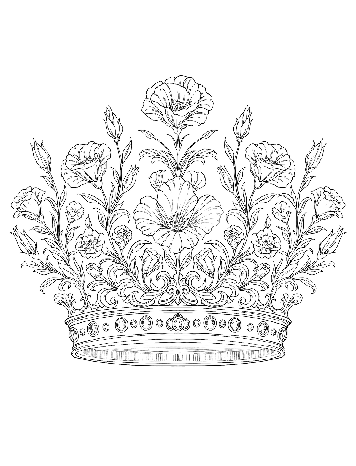Royal Blooming Crown – Hand-Drawn Line Art