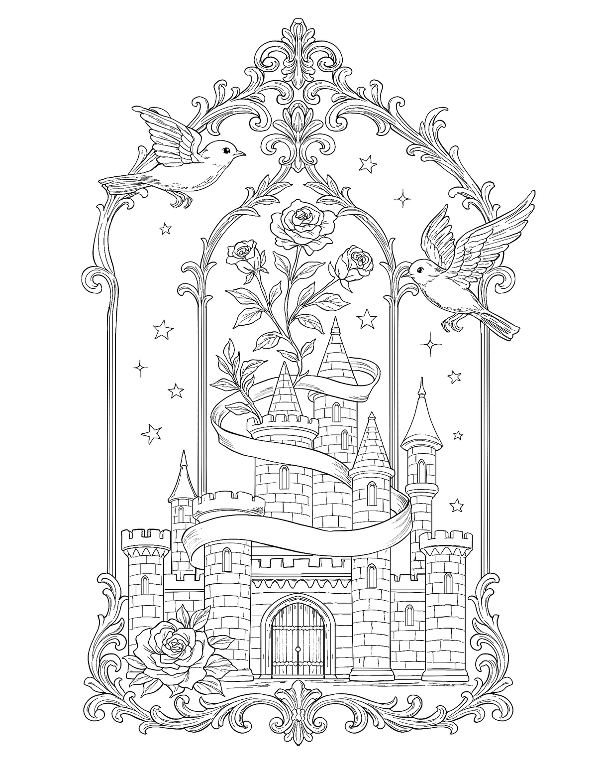 The Songbird Castle – Hand-Drawn Line Art