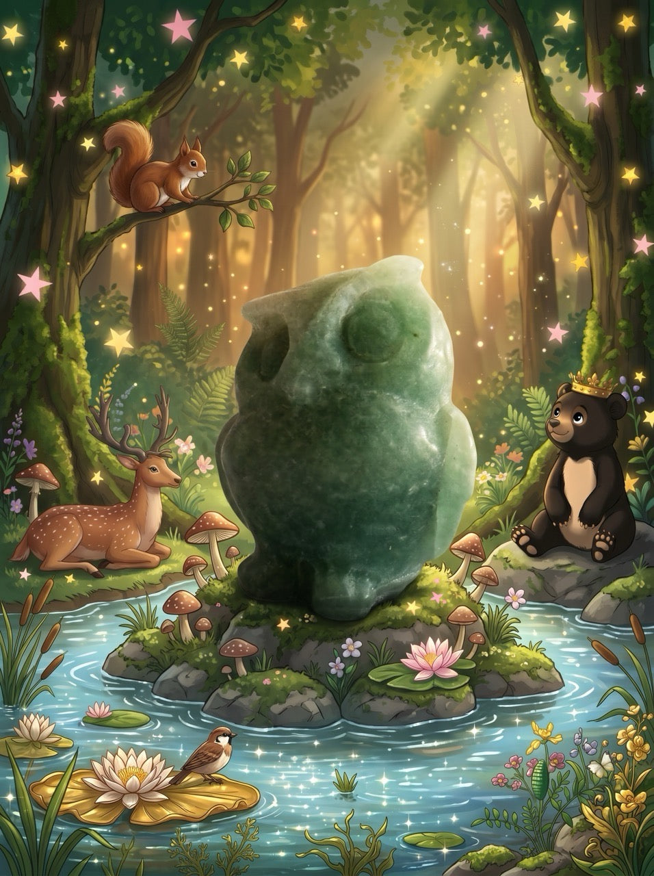 Enchanted Forest Owl Green Aventurine Sculpture Collector's Piece