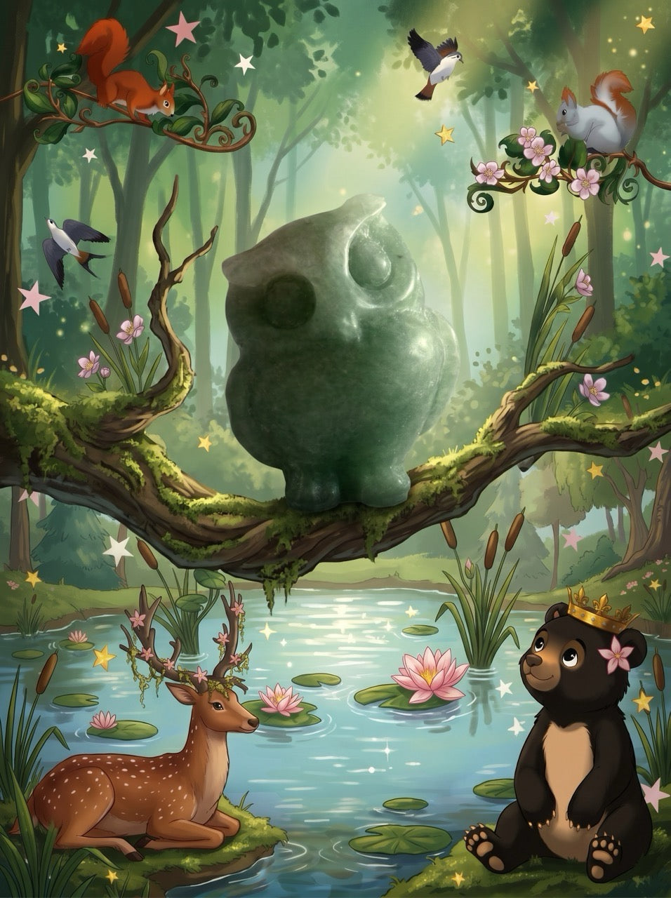 Enchanted Forest Owl Green Aventurine Sculpture Collector's Piece