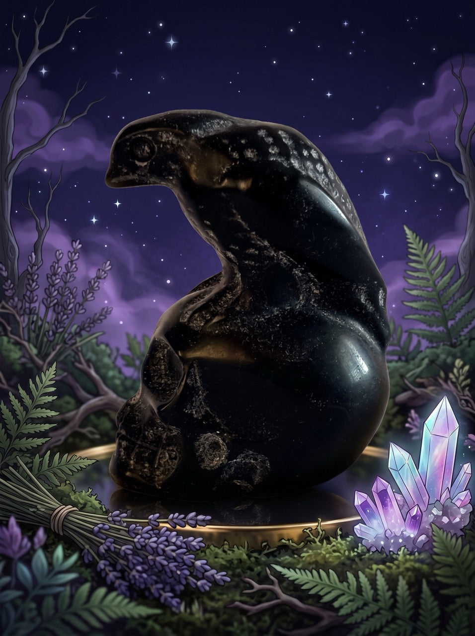 Obsidian Raven Skull Sculpture Collector's Piece