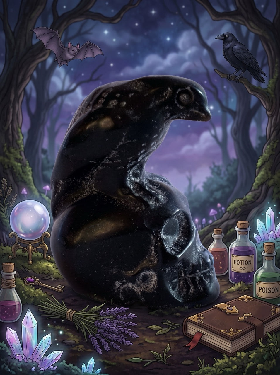 Obsidian Raven Skull Sculpture Collector's Piece