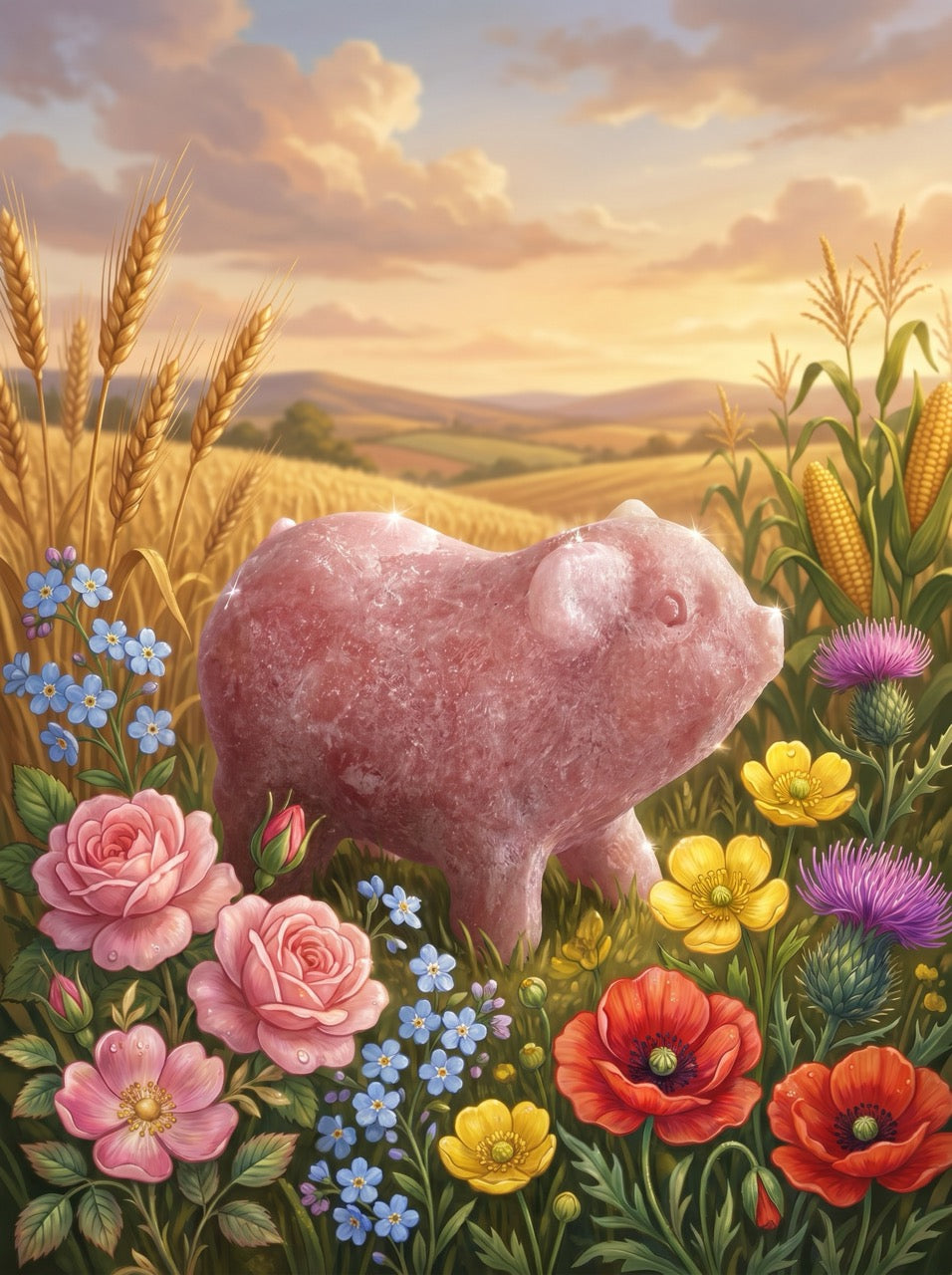 Rose Lucky Piglet Rhodonite Sculpture Collector's Piece