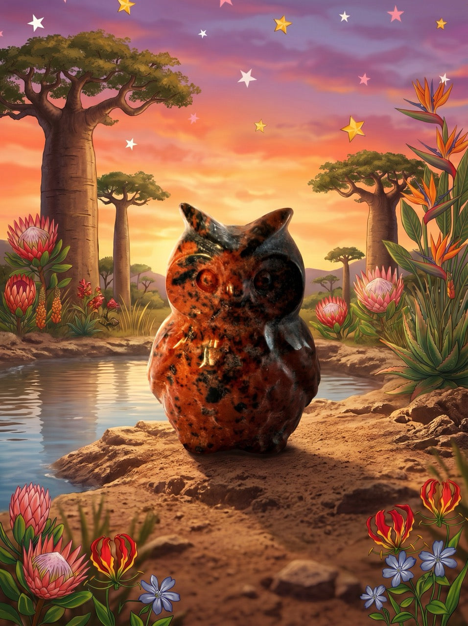 African Dusk Owl Obsidian Sculpture Collector's Piece