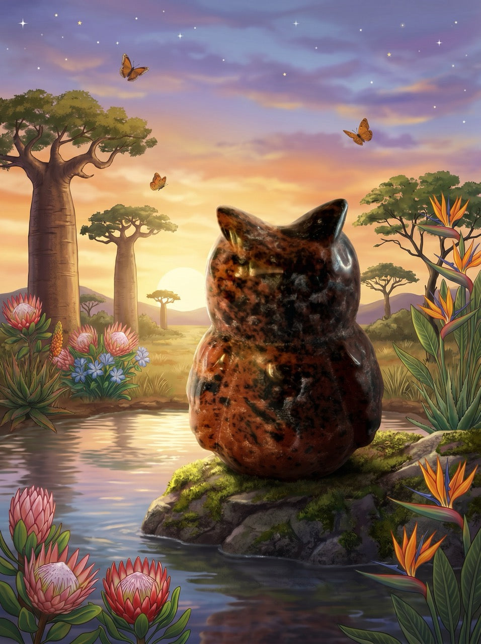 African Dusk Owl Obsidian Sculpture Collector's Piece