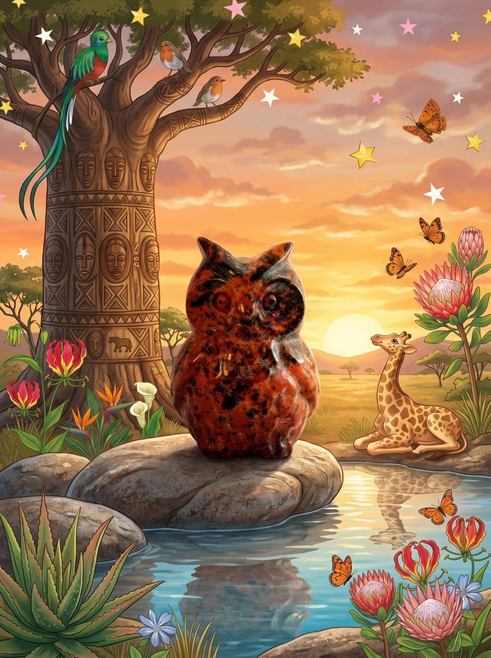 African Dusk Owl Obsidian Sculpture Collector's Piece