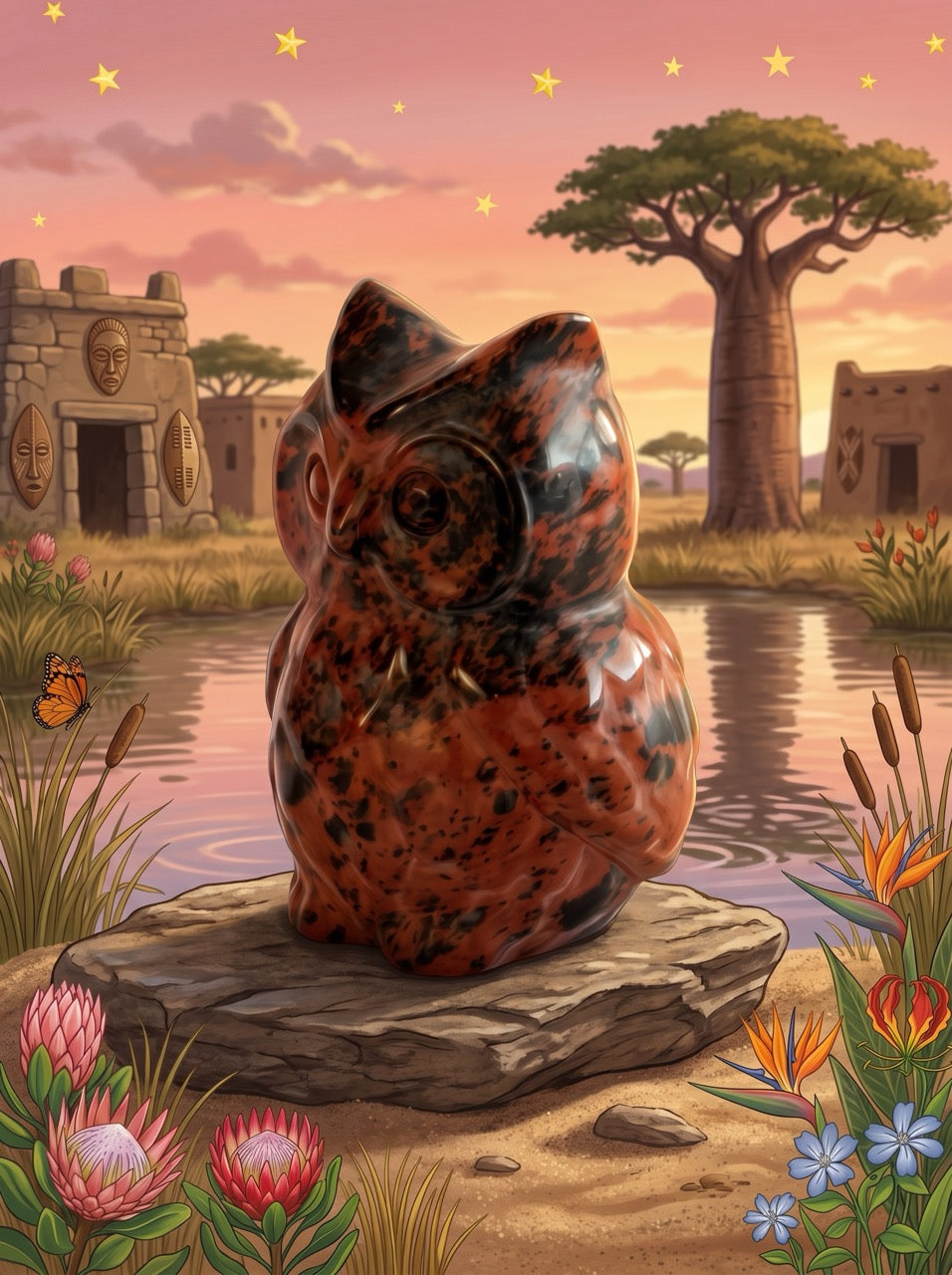 African Dusk Owl Obsidian Sculpture Collector's Piece