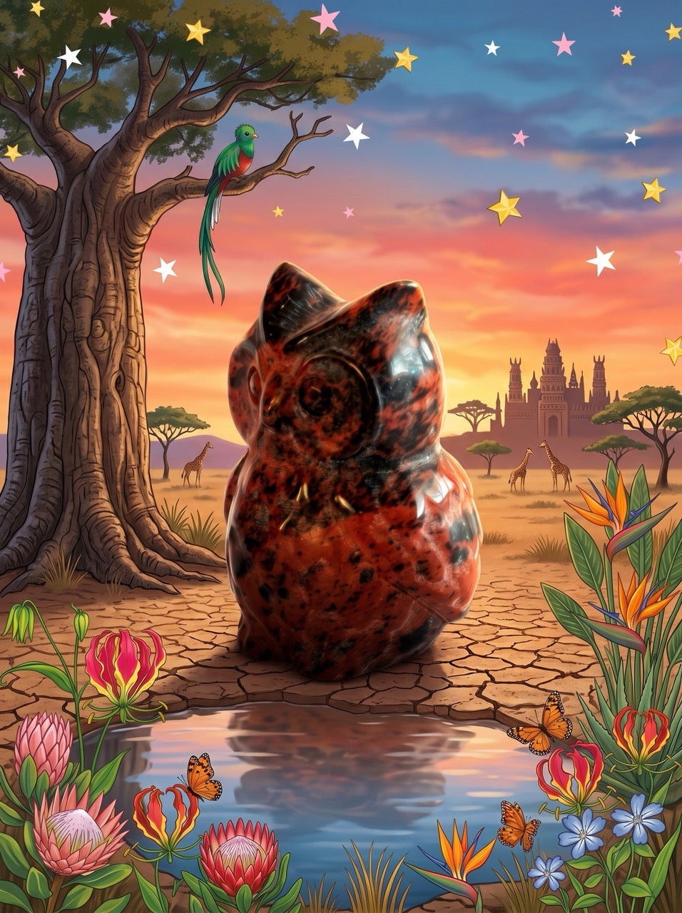 African Dusk Owl Obsidian Sculpture Collector's Piece