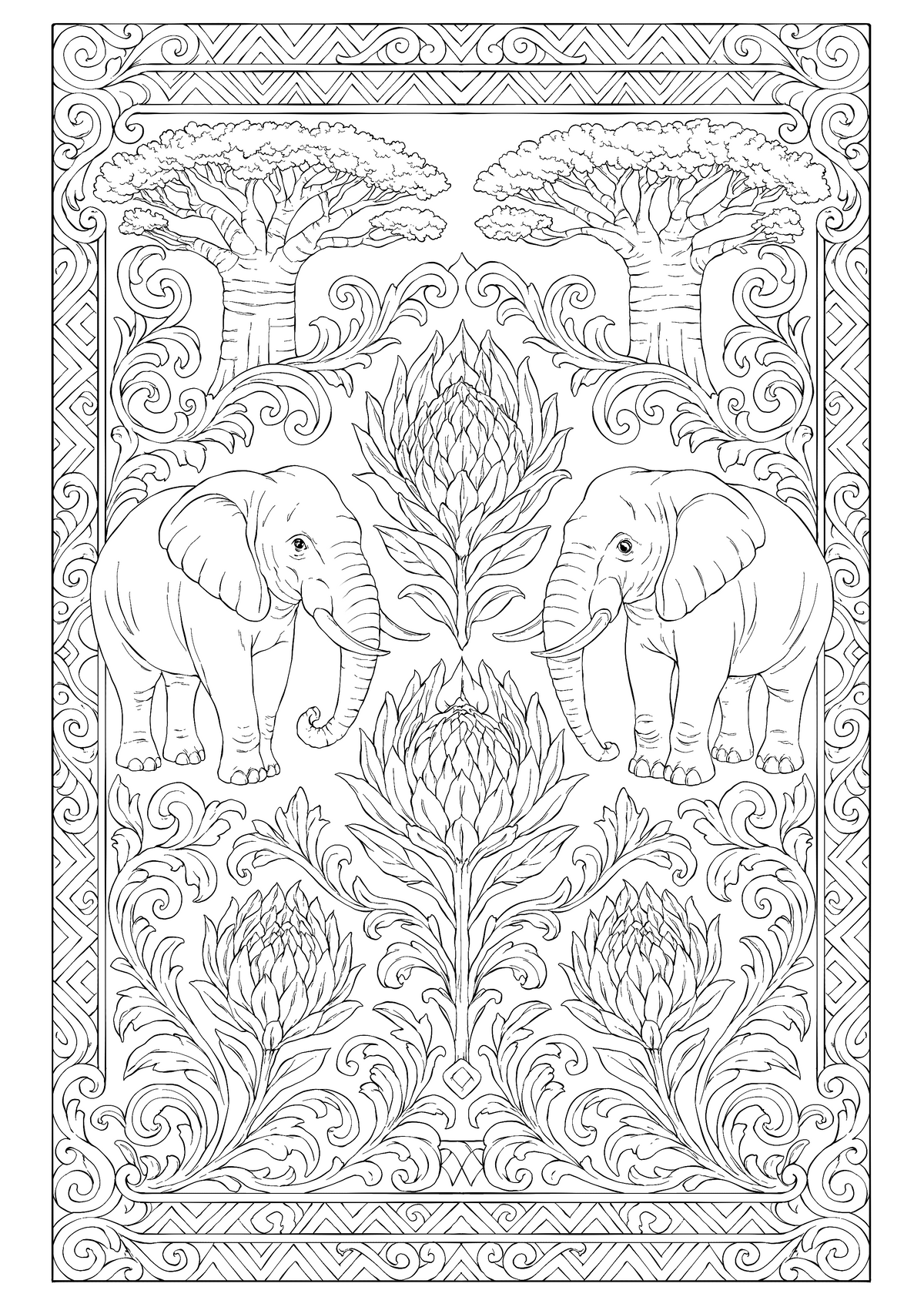 The Twin Elephants – Hand-Drawn Line Art