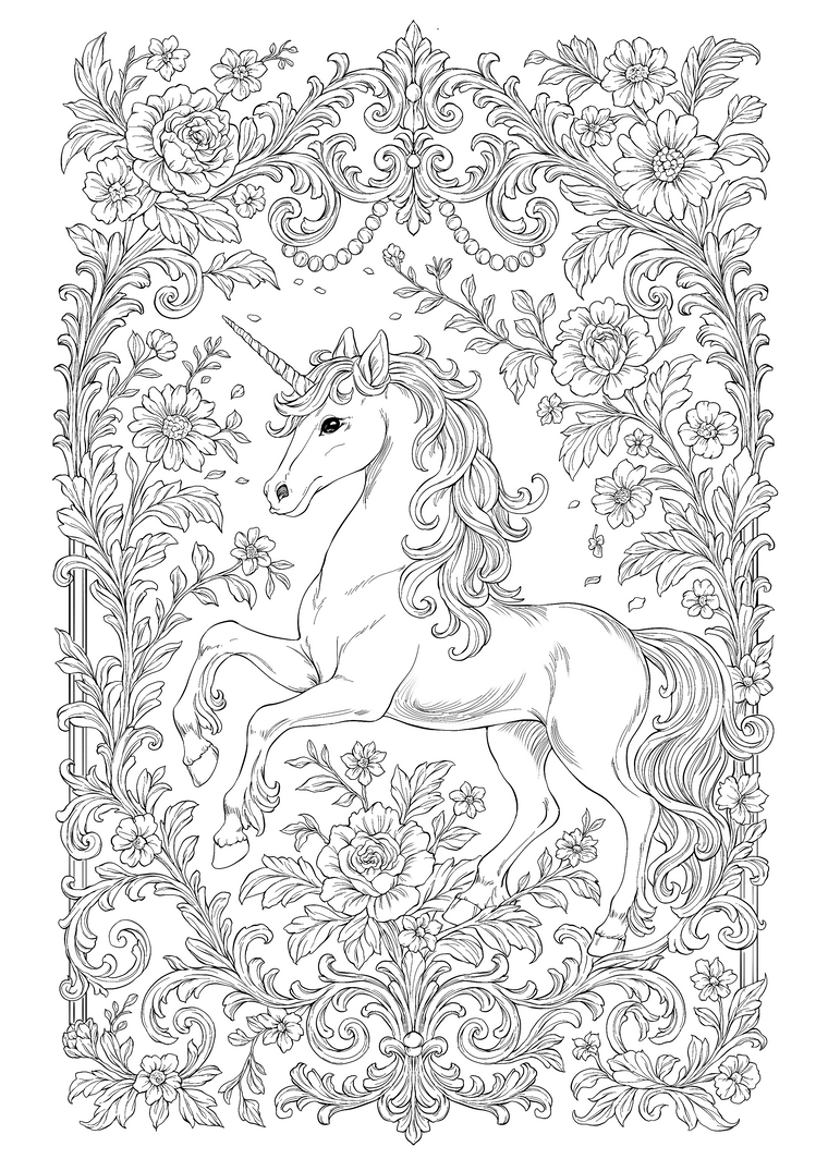 The Unicorn's Garden – Hand-Drawn Line Art