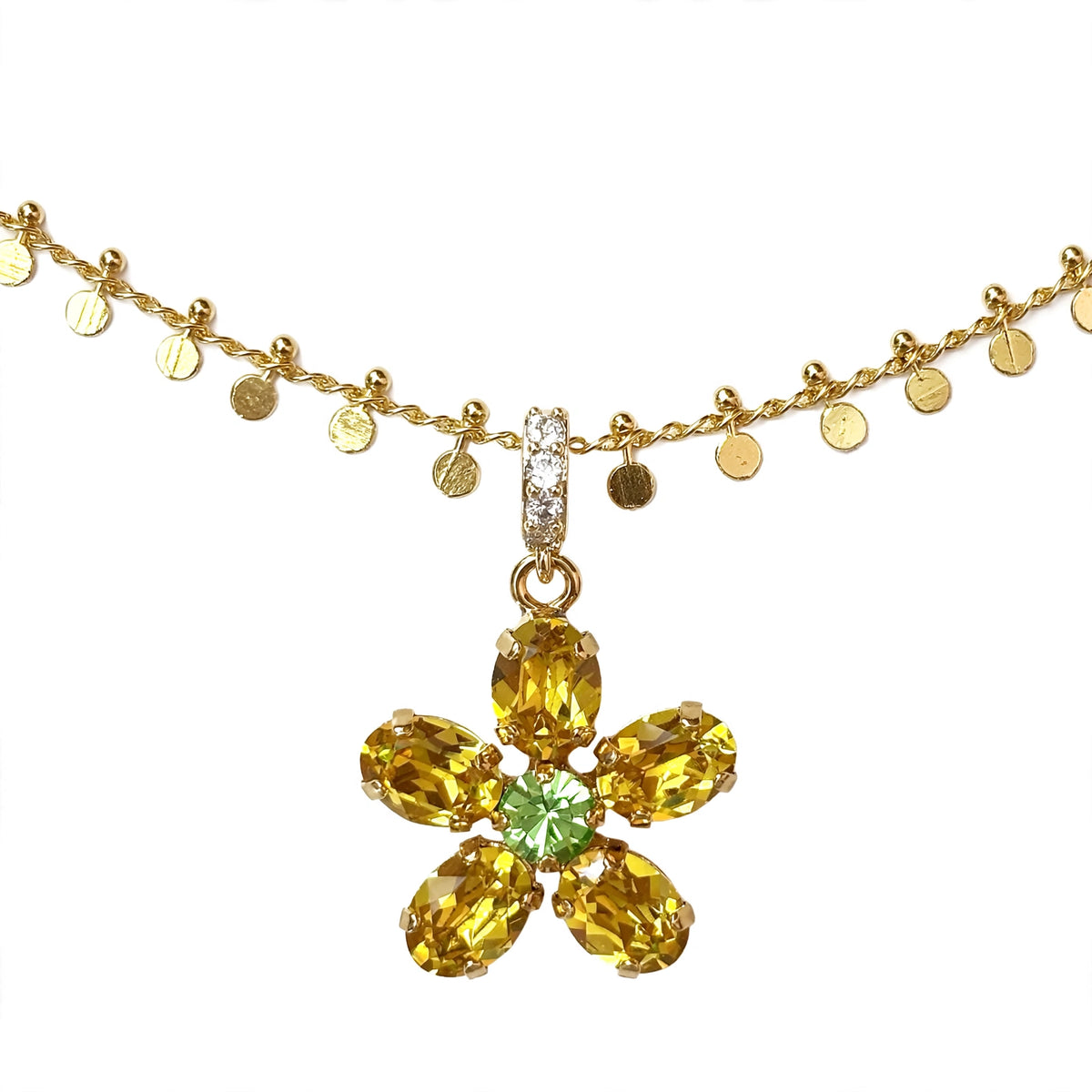 The Pendant of Splendour Fluette gold flower necklace full view — Mink & Davernay