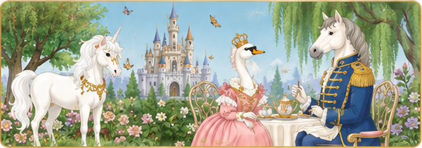 A swan and a horse sharing tea in an enchanted castle garden
