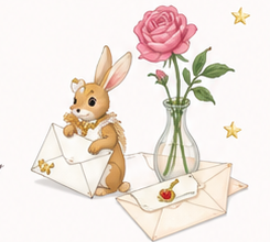 A crowned rabbit surrounded by roses and sealed letters